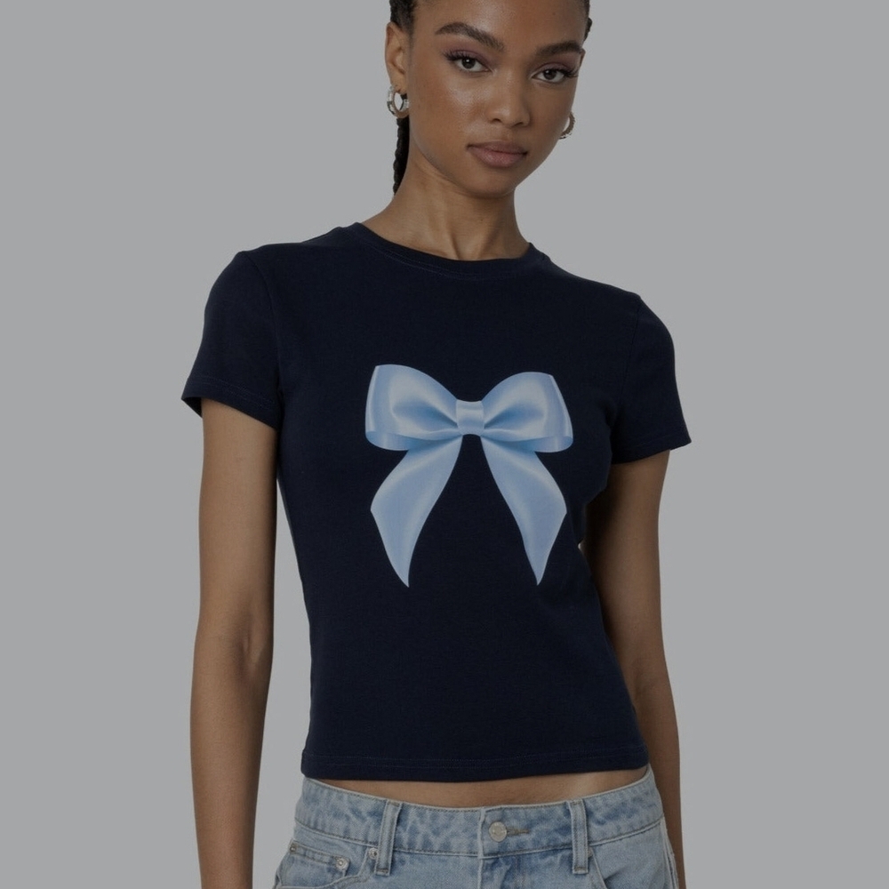 NEW PACSUN Navy T-Shirt with Blue Bow Design